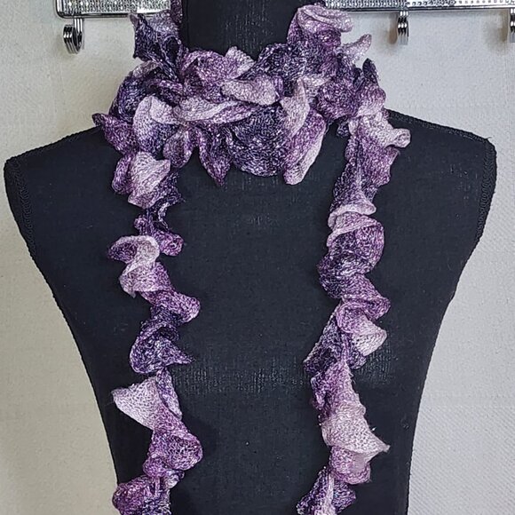 Handmade Crochet Purple and Lilac with Metallic Silver Threads Throughout Scarf - Picture 3 of 16